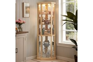 CKEASEAN Corner Curio Cabinet, 70" H Lighted Glass Display Cage with Tempered Glass Doors and 5 Adjustable Shelves, Light Bulb Inclued, Wine Bar China Cabinet for Living Room (Light Oak)