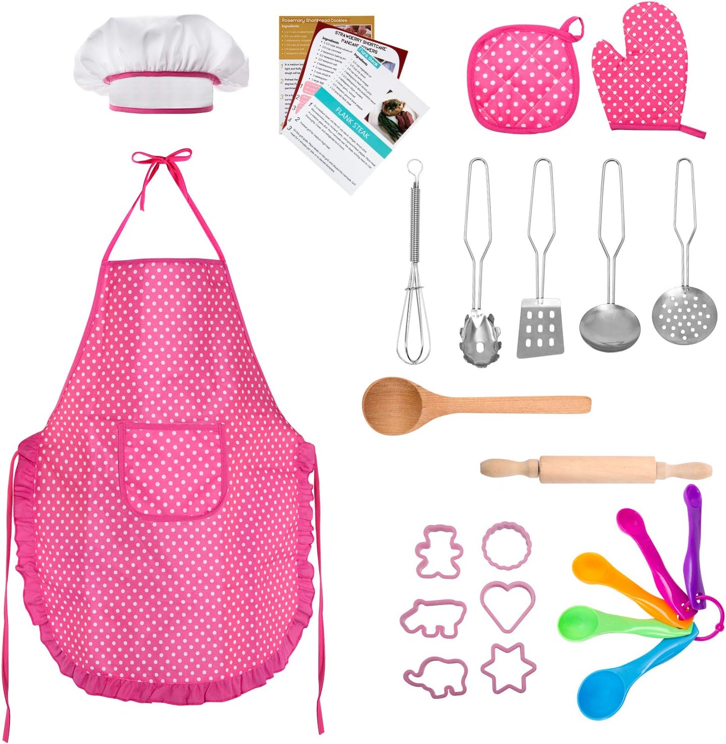 TEPSMIGO Kids Chef Role Play Costume Set 22 PCS, Toddler Cooking and Baking Set with Apron, Chef Hat, Recipe Cards, Cooking Mitt, Utensils for Boys and Girls Ages 3+