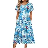 HOTOUCH Women's Summer A-Line Midi Dresses 2026 Casual Floral Short Sleeve T-Shirt Dress Flowy Beach Sundress with Pockets
