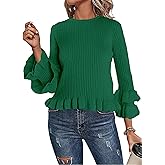 YUNLORIA Womens Fall Crew Neck Ruffle Pullover Sweaters Trendy Casual 3/4 Sleeve Ribbed Knit Sweater Tops
