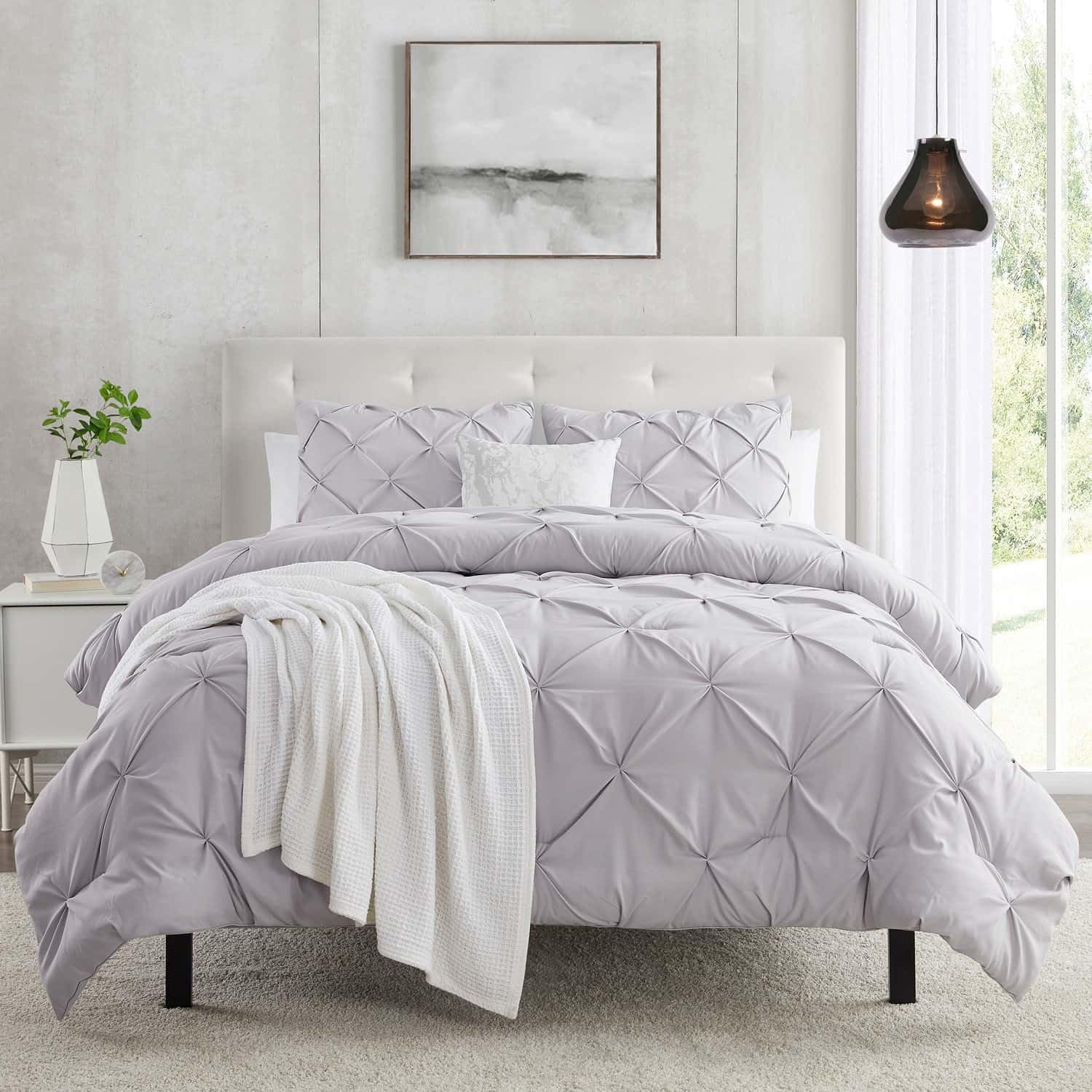 Photo 1 of Duvet Cover California King Size 3 Piece Pintuck Comforter Set - 1 Duvet Cover 104x98 with 2 Pillow Shams - Ultra Soft Microfiber Bedding Pinch Pleated California King Duvet Cover Set Grey Lavender