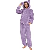 Flygo Women's Fluffy Pajamas Sets Fleece Loungewear Pullover Bear Ear Fuzzy Hoodie Plush Pants 2 Piece Sleepwear with Pockets
