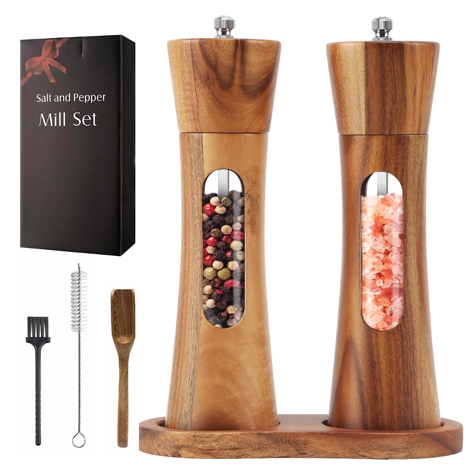 Sonhomay Acrylic Salt and Pepper Grinder Set Wooden Manual Spice Pepper Mills with Adjustable Ceramic Grinding Core Manual Salt and Pepper Mills with Wood Tray