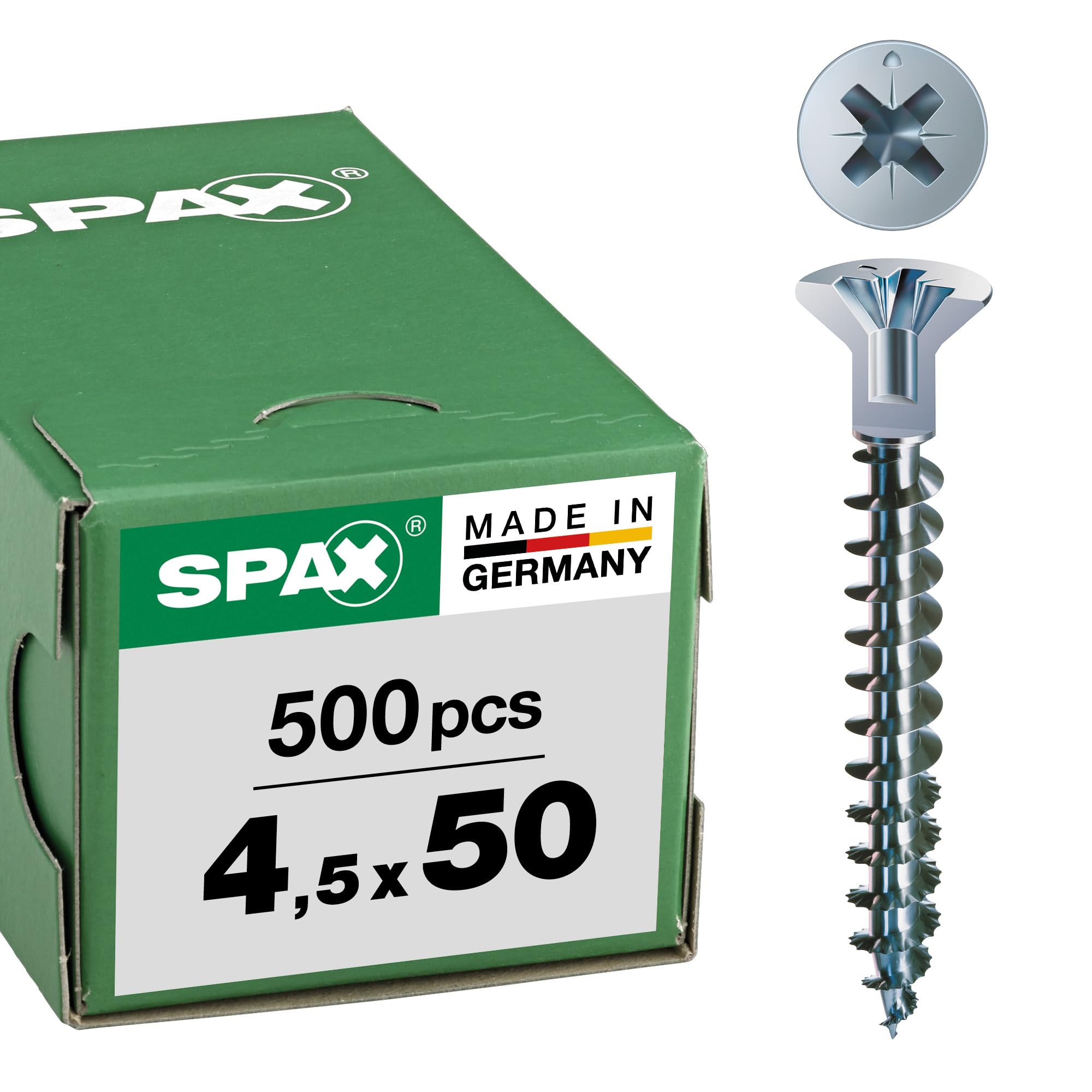 SPAX WIROX A3J 0271010450505 Universal Screw with Head Hole 4.5 x 50 mm Pack of 500 Phillips Z2 Small Countersunk Head (Diameter 5 mm) Fully Threaded — image 1
