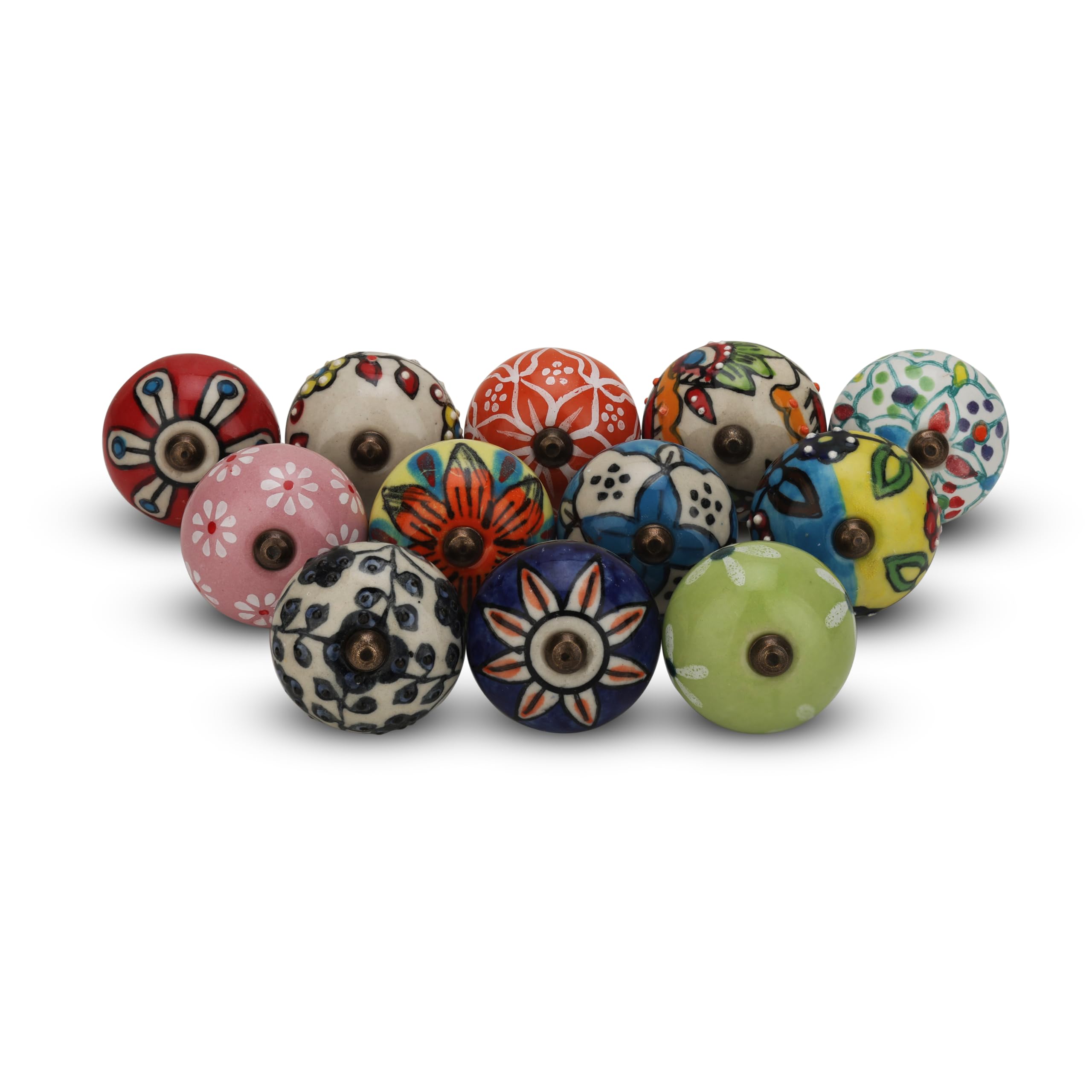 FURNISHFUL FINESSE Multicolor Ceramic Door Knobs Handmade Cupboard Knob for Kitchen Cabinet Drawer Wardrobe Pull Handle Boho Dresser Knobs Furniture Decor - Pack of 12 (Multi Colour)