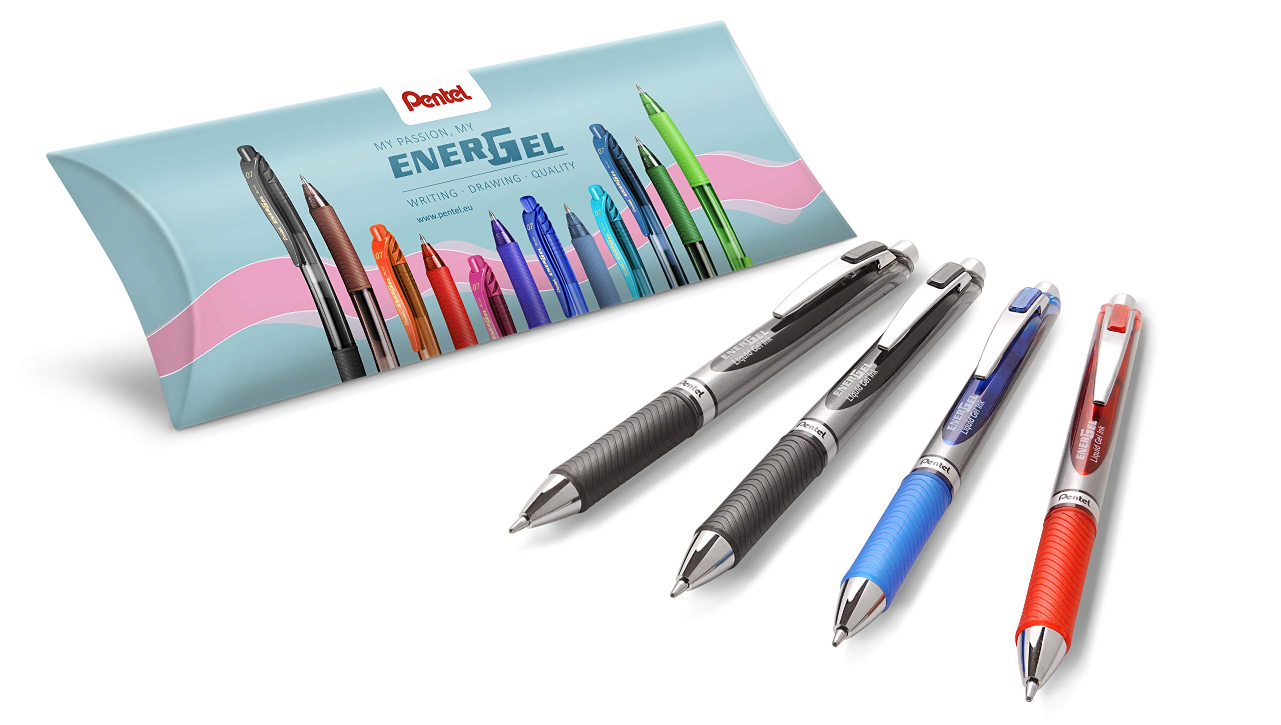 Pentel Energel BL80 Retractable Gel Ink Rollerball Pen Broad Tip 1 mm Pack of 4 Assorted Colours (2 Black, 1 Red, 1 Blue)