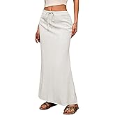 ELLEVEN Linen Flared Maxi Skirt with Back Slit - Elastic Waist Drawstring Long Flowy Ankle-Length Skirt