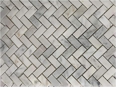 Carrara - Mosaico de mármol pulido, color blanco espiga 5/8 x 1 1/4