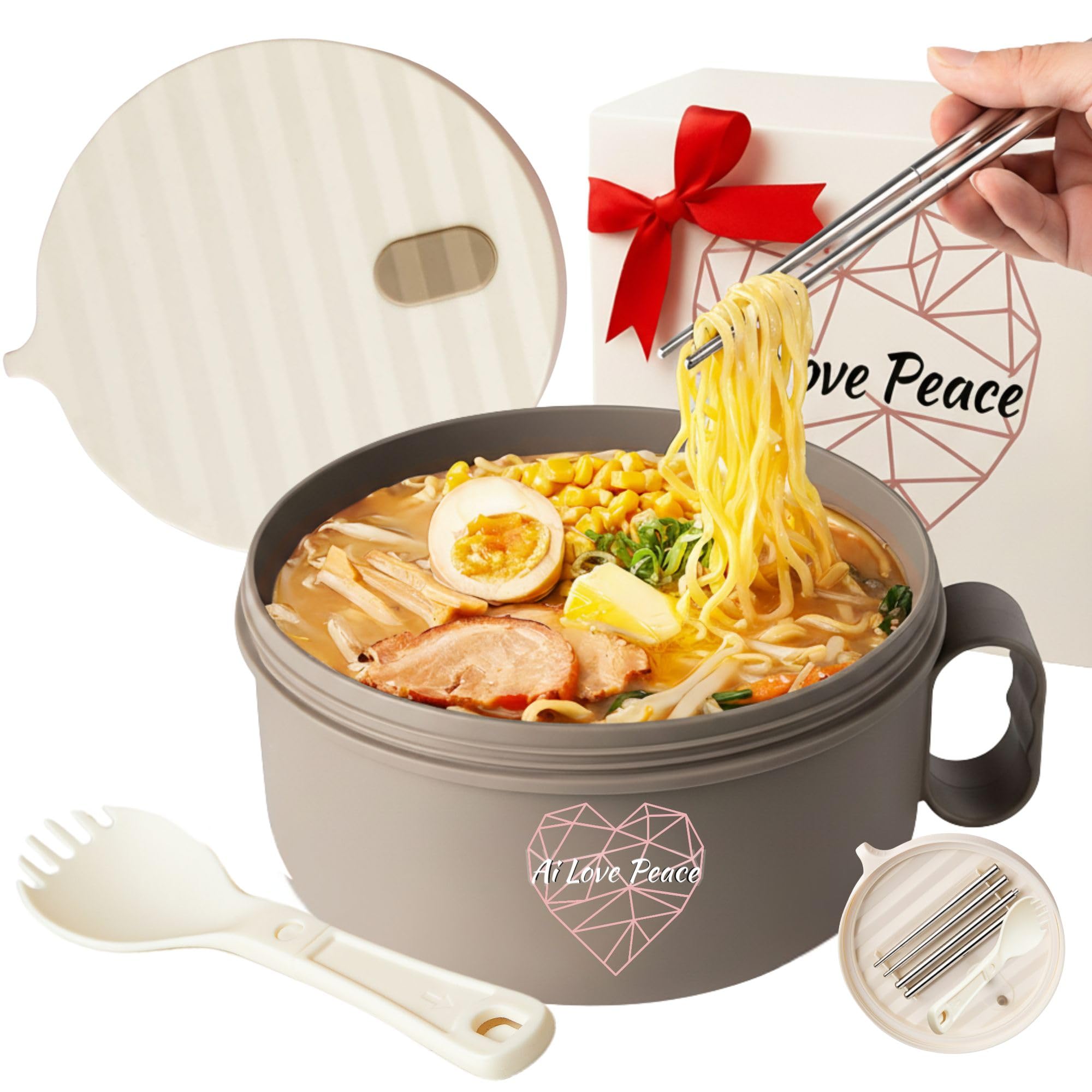 Photo 1 of AI LOVE PEACE Ramen Bowl, 40 oz Microwaveable Noodle Cooker for Ramen, Pho, Soup, and Pasta, Dishwasher Safe and Portable, Ideal for Home, Office, Dorm, or Gift (Beige)