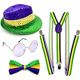 Yxtwaeh 4 Packs Mardi Gras Costume Accessories Sequin Hat Bow Tie Sunglasses Suspenders for Men and Women Halloween Carnival Party Multicolor