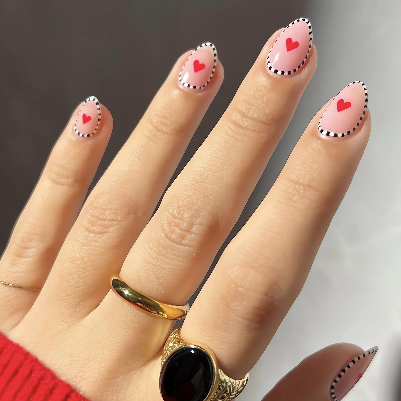Bomesy Valentines Cute Press on Nails Short Almond Red Heart Black White Strip Press ons Full Cover Acrylic Stick on Nail Faux Ongles a Coller in 12 Sizes - 24 Nails Kit