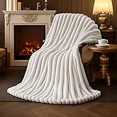 Amélie Home Faux Fur Throw Blanket for Couch, Cozy Fuzzy Fluffy Fur Luxurious Soft Striped Plush Gift Blankets for Family Sofa Chair Bedroom, 55"x70", Ivory
