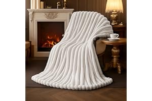 Amélie Home Faux Fur Throw Blanket for Couch, Cozy Fuzzy Fluffy Fur Luxurious Soft Striped Plush Gift Blankets for Family Sofa Chair Bedroom, 55"x70", Ivory