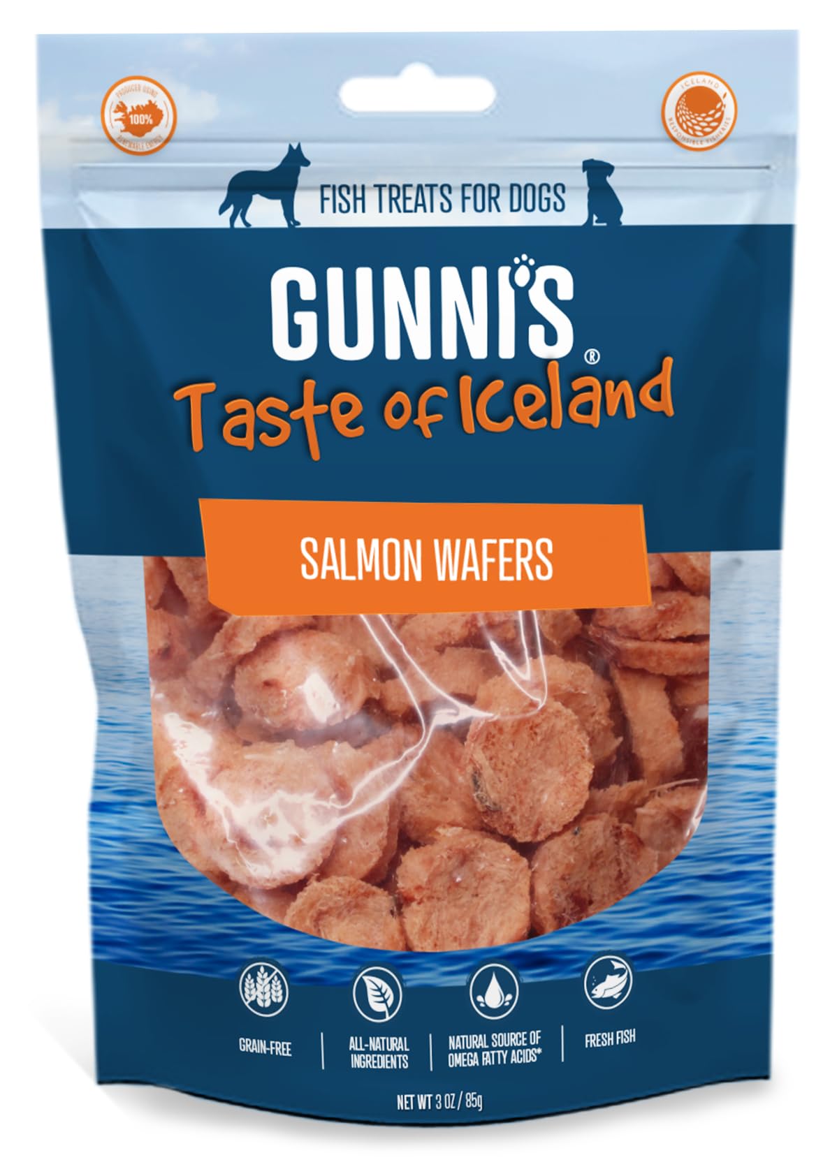 Gunni’s Salmon Wafers | Pure Icelandic fish fillet crunchy treats for dogs | Traceable | Omega rich | Sustainable | 100% Natural | Gently dried | 85g