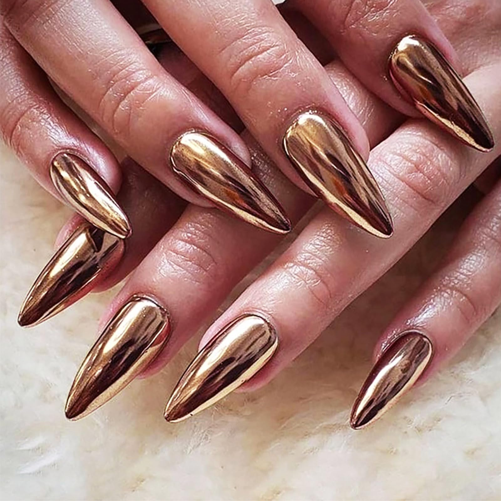 Bronze Chrome Press on Nails Medium Almond, Stiletto Fake Nails with Bling Design, Glossy Mirror Metal Acrylic False Nails Stick on Nails for Women Girls, Gel Glue on Nails for Daily Party Wear