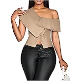 OYOANGLE Women's Off The Shoulder Short Sleeve Fitted Blouse Button Split Hem Dressy Top