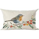 Ramirar Ink Painting Watercolor Grey Bird Green Leaves Spring Summer Decorative Lumbar Throw Pillow Cover Case Home Living Room Bed Sofa Car Cotton Linen Rectangular 12 x 20 Inches