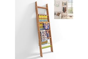 AKTOP Adjustable Blanket Ladder 63 Inch, Rustic Bamboo Blankets Holder Rack for Farmhouse Home Decor, 5-Tier Wall Leaning Ladders, Ladder Shelf Stand for Living Room, Bedroom, Bathroom, Easy Assembly