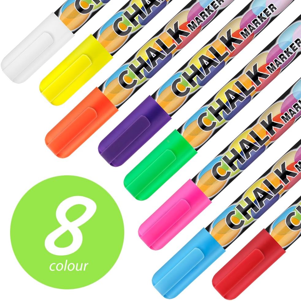 Chalk Pens Wet & Dry Wipe Markers for Blackboard Whiteboard Chalkboard Window, Mirror, Bistros Glass, Set of 8 Colors, 6 mm Reversible bullet & chisel Tip, Water-base, Liquid