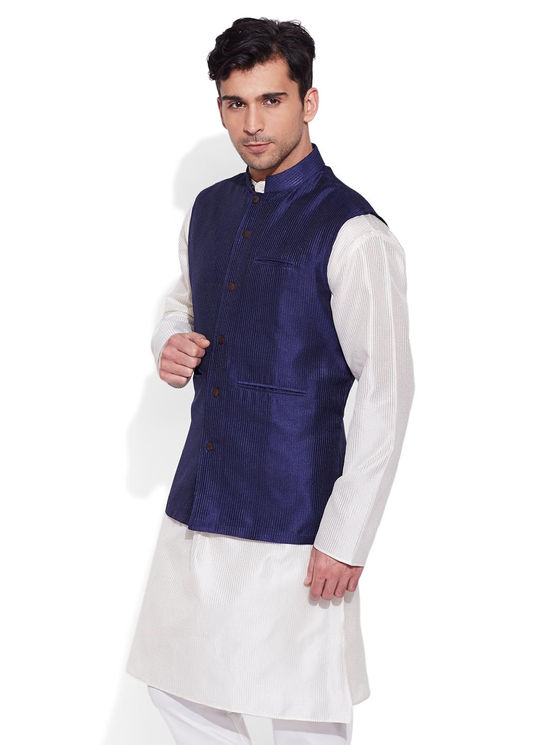 very me men's designer navy faux silk textured nehru jacket