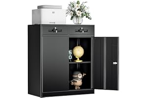 INTERGREAT Metal Storage Cabinet with Drawers, 36" Black Locking Steel Garage Cabinet with 2 Doors and Adjustable Shelves, Lockable File Cabinets for Garage, School, Home Office, Classroom