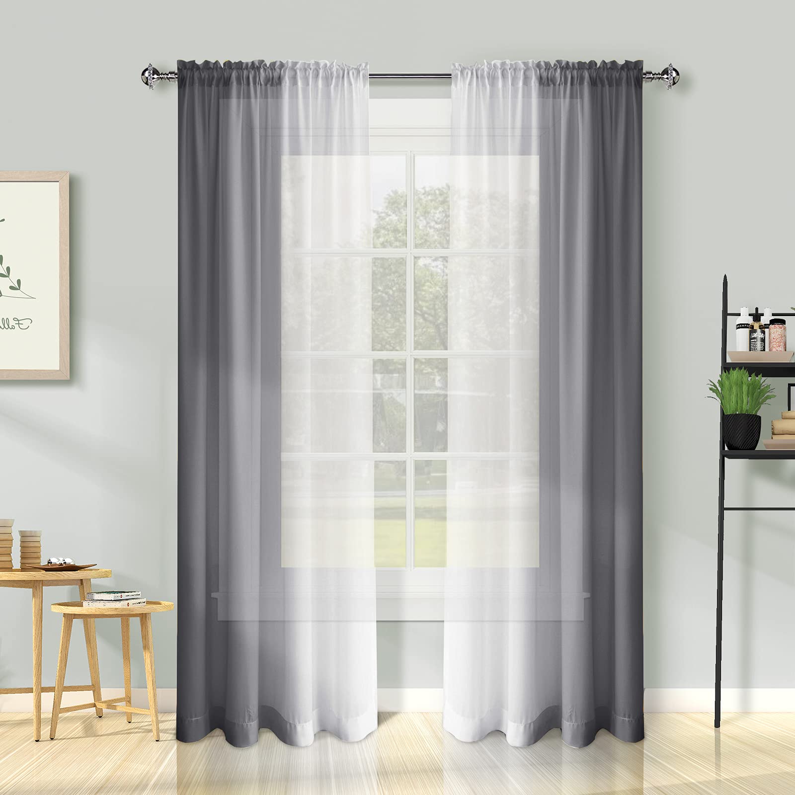 Melodieux - Ombre Grey Sheer Curtains 25 Inch Length for Living Room Linen Look Sheer Curtains White Grey Gradient Voile Curtains 20.5x25 Inch 2 Panels