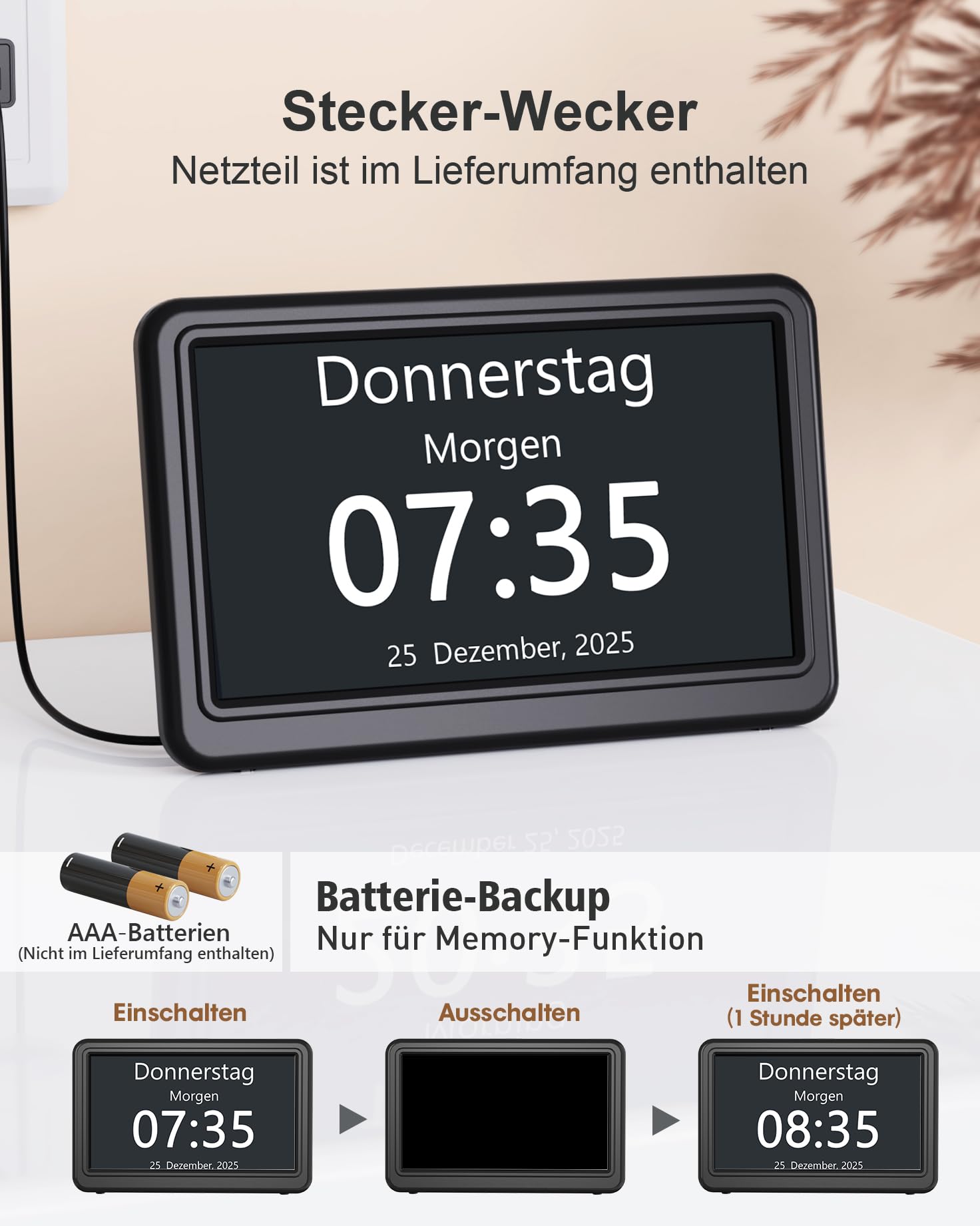 Roxicosly Digitaler Kalender, Elektronischer Tag Datum Wecker, Digital Uhr mit 20 Benutzerdefinierte Erinnerungen, 20 Wecker, 12 Themen, 10 Stufen Dimmer, 7 Zoll, Demenz Uhr für Senioren (Netzbetrieb) 8