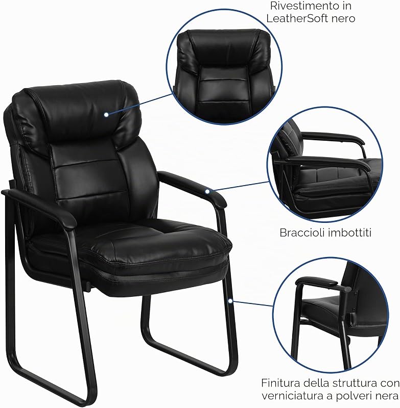 Sedia reception direzionale, imbottitura parziale, con supporto lombare e base a slitta, ecopelle nera, set da 1 pezzo
