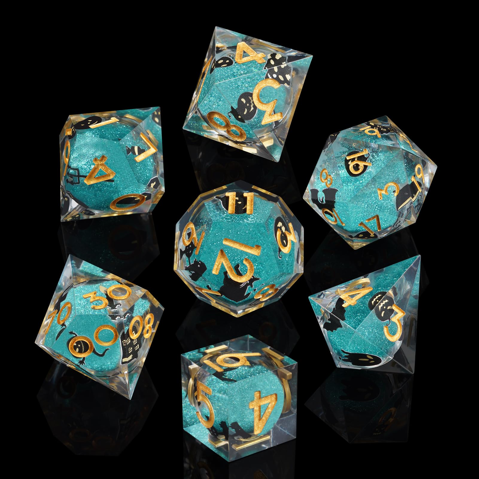 ORUZA 7 PCS Polyhedral Liquid Core DND Dice, Resin Sharp Edge Quicksand D&D Dice Set for Dungeons and Dragons RPG MTG Role Playing Game Dice D20 D12 D10 D8 D6 D4 D% β image 1