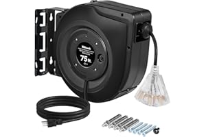 WILAWELS Retractable Cord Reel, 75 FT Heavy Duty Extension Cord, 14AWG/3C SJTOW, 3 Grounded Outlets Lighted Triple Tap, 10A Circuit Breaker, Wall/Ceiling Mounted, UL Listed, Black H75CR06