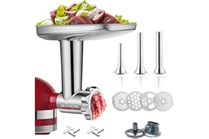 GVODE Stainless Steel Food Grinder Attachment for KitchenAid Stand MixerDurable Meat Grinder, Including 3 Sausage Stuffer Dishwasher Safe Attachment Suitable