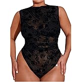 OYOANGLE Women's Plus Size Bodysuit Floral Sheer Sleeveless Leotard Mock Neck Ruched Body Suits