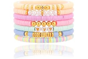 CCINPPY Friendship Bracelets Trendy Heishi Clay Bead Bracelets Stack Gold Beaded Stretch Bracelets for Women Boho Stackable Bracelets Bulk Cute Preppy Jewelry