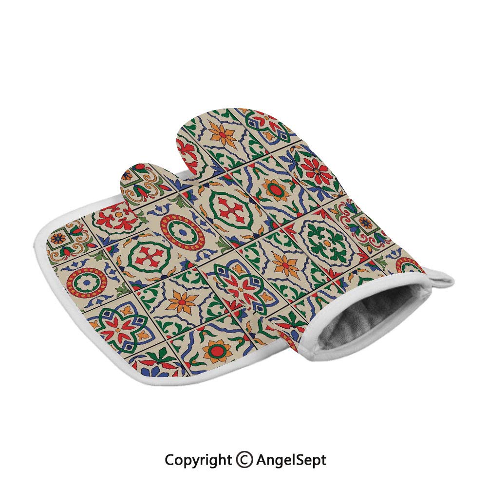 Gorgeous Classic Pattern of Flowers Leaves Traditional ed,Polyster Oven Mitts+Insulated Square Mat,Fern Green Violet Blue Beige,Heat Resistant Kitchen Gloves
