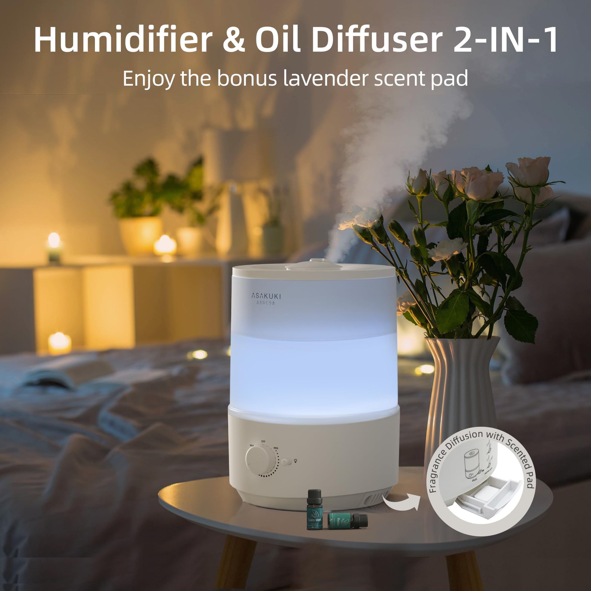 ASAKUKI Humidifiers for Bedroom, 3L Top Fill Cool Mist Air Humidifier & Aroma Diffuser with Night Light for Baby Nursery & Plants, Ultrasonic Quiet, Easy Clean, Auto Shut-Off, BPA Safe, 30H