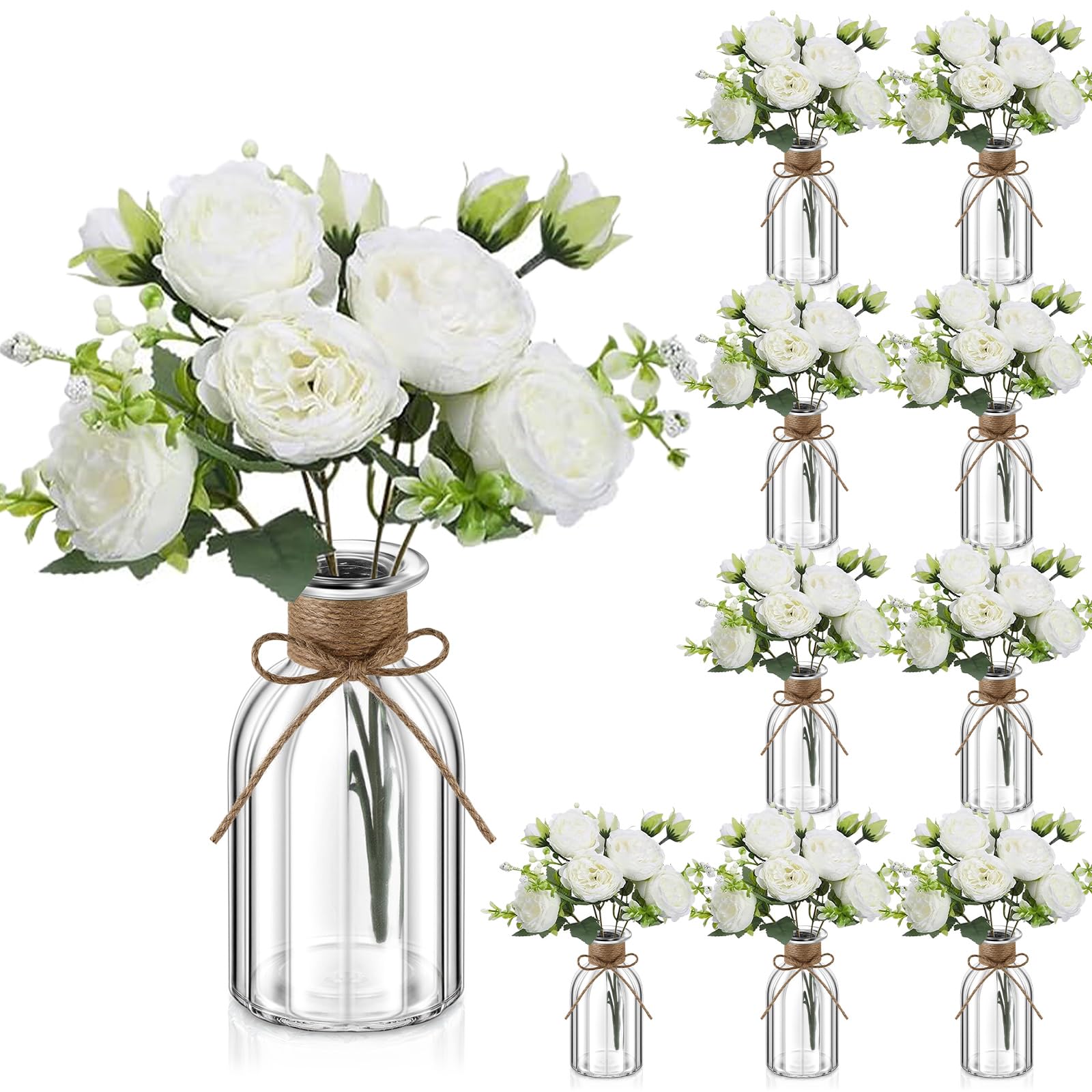 Photo 1 of 10 Sets Vintage Glass Vases Table Centerpiece with Rose Flower Farmhouse Centerpiece Clear Vases Decor for Engagement Party Bridal Shower Centerpieces Wedding Reception Decor