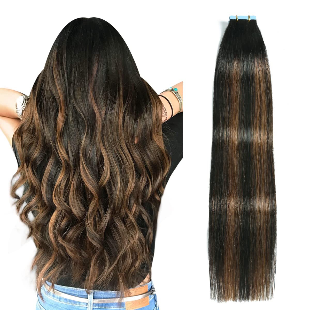 SUYYA Tape in Hair Extensions Human Hair 20 Pcs 40g Invisible Tape Hair Extensions Straight Tape Extensions Real Human Hair 12 Inches #P1B/6/T1B Balayage Natural Black to Chestnut Brown — image 1