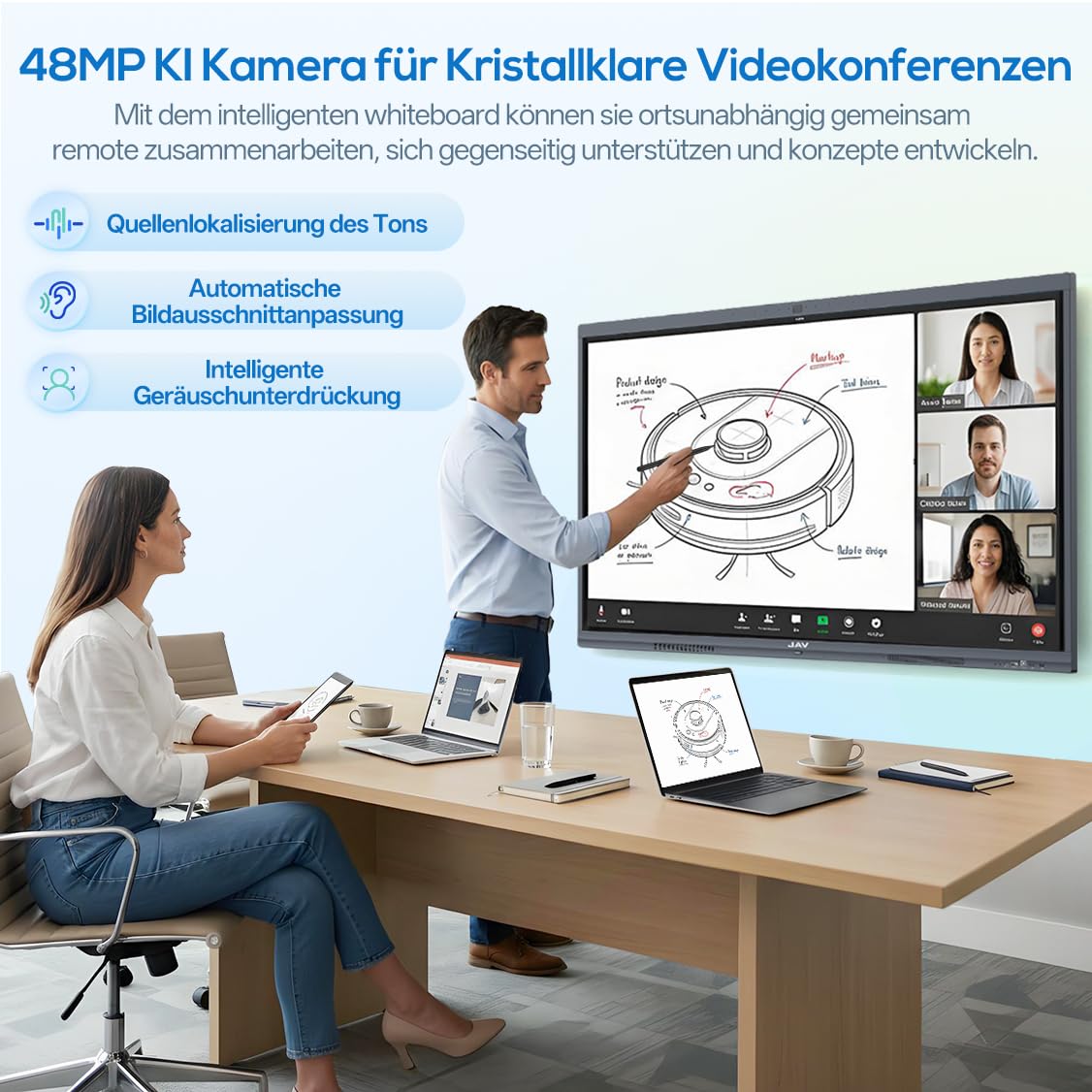JAV Smart Board 55 Zoll Interaktives Whiteboard 4K UHD Touchscreen Android 14 mit Google EDLA Zertifiziert Digitale Elektronische Whiteboard 8+128GB Eingebaute 48MP Kamera für Büro Schule 3
