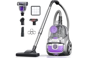 Aspiron Canister Vacuum Cleaner, 40Kpa Bagless Vacuum Cleaners, 4QT Large Dust Cup, Double HEPA Filter, Retractable Cord, 1600W Lightweight Vacuum Cleaner with 5 Tools for Hard Floors, Lavender