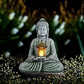 Quterhero Buddha Garden Statue with Solar Light, Resin Zen Decor for Outdoor Patio or Indoor Meditation, Spiritual Gift for Women and Friends (Grey Pavilion)