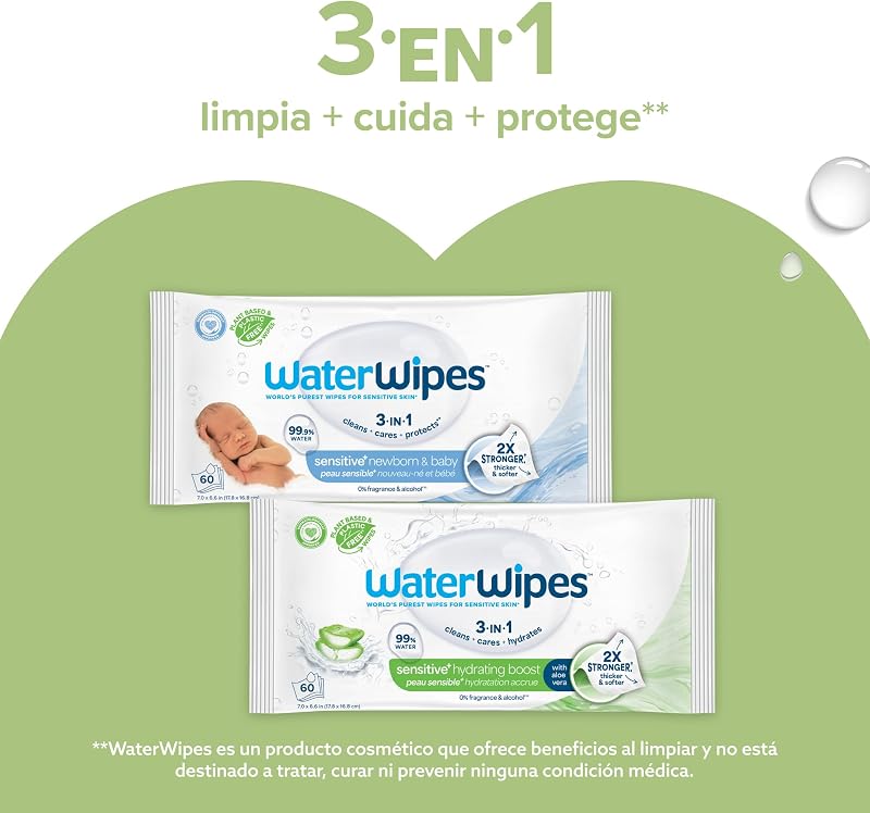 Toalhetes texturizados à base de plantas waterwipes para crianças e bebês, 99,9% à base de água, sem perfume para pele sensível, pacote de 12 x 60 toalhetes (720 no total)