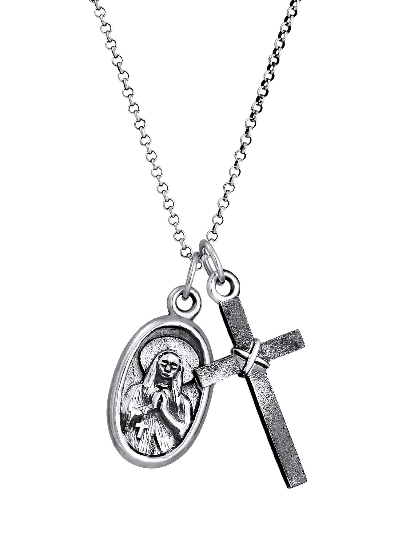 Kuzzoi Men's Silver Necklace with Mary Image and Cross Pendant, Symbol Chain for Man in 925 Sterling Silver, Men's Necklace with Mary Pendant and Pendant, Handmade