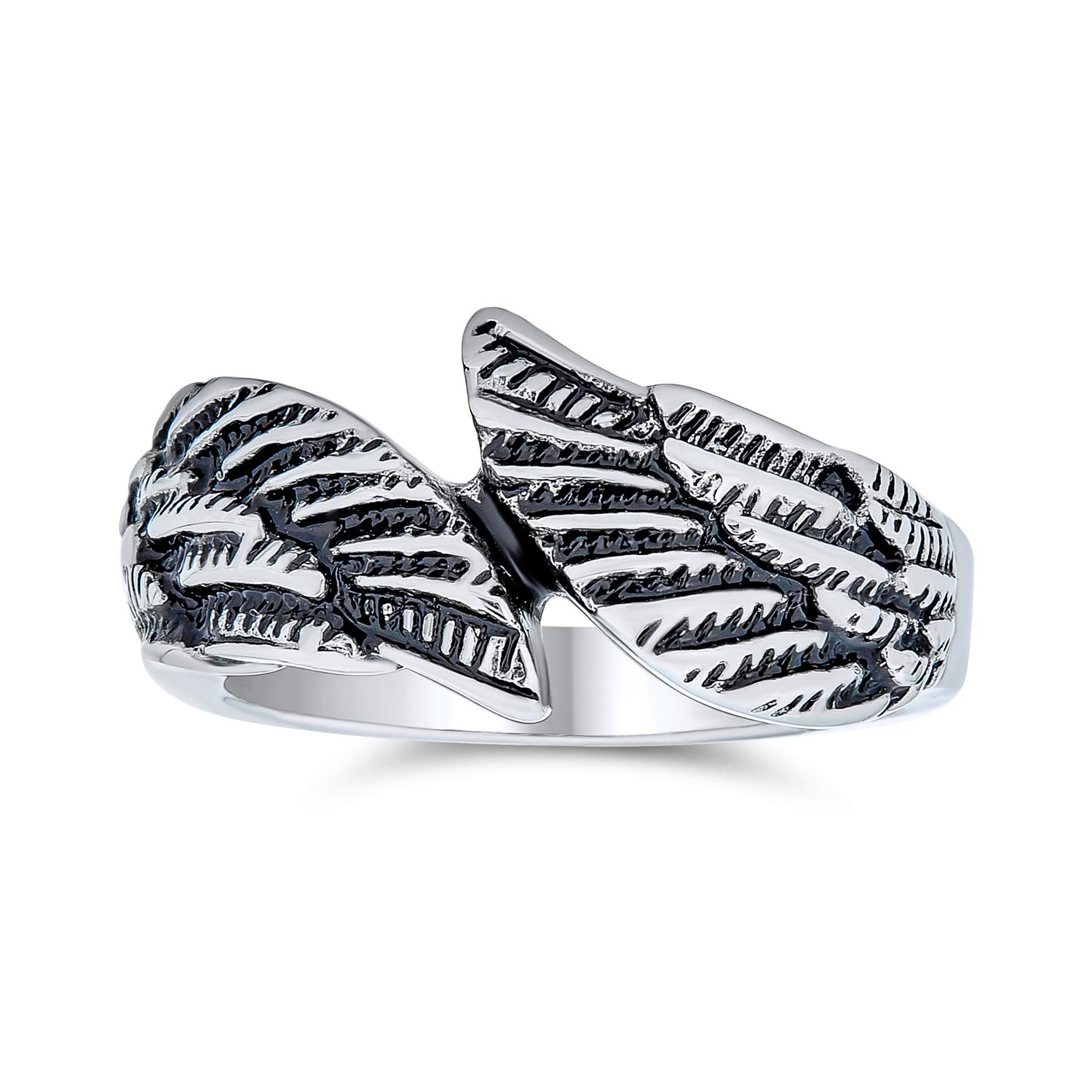 Personalize Unisex Biker Jewelry Religious Spiritual Guardian Feather Angel Wing Band Ring For Men Women Oxidized Silver Tone Stainless Steel Customizable