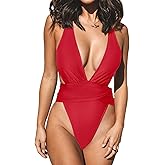 CUPSHE One Piece Swimsuit for Women Bathing Suit Cut Out Cross Back Tie Deep V Neck Ruched High Cut