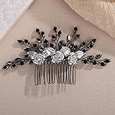 Rumtock Black Rhinestones Beads 3D Petal White Flower Silver Hair Comb for Wedding Brides Women Banquet Vintage Hair Accessories (Black)
