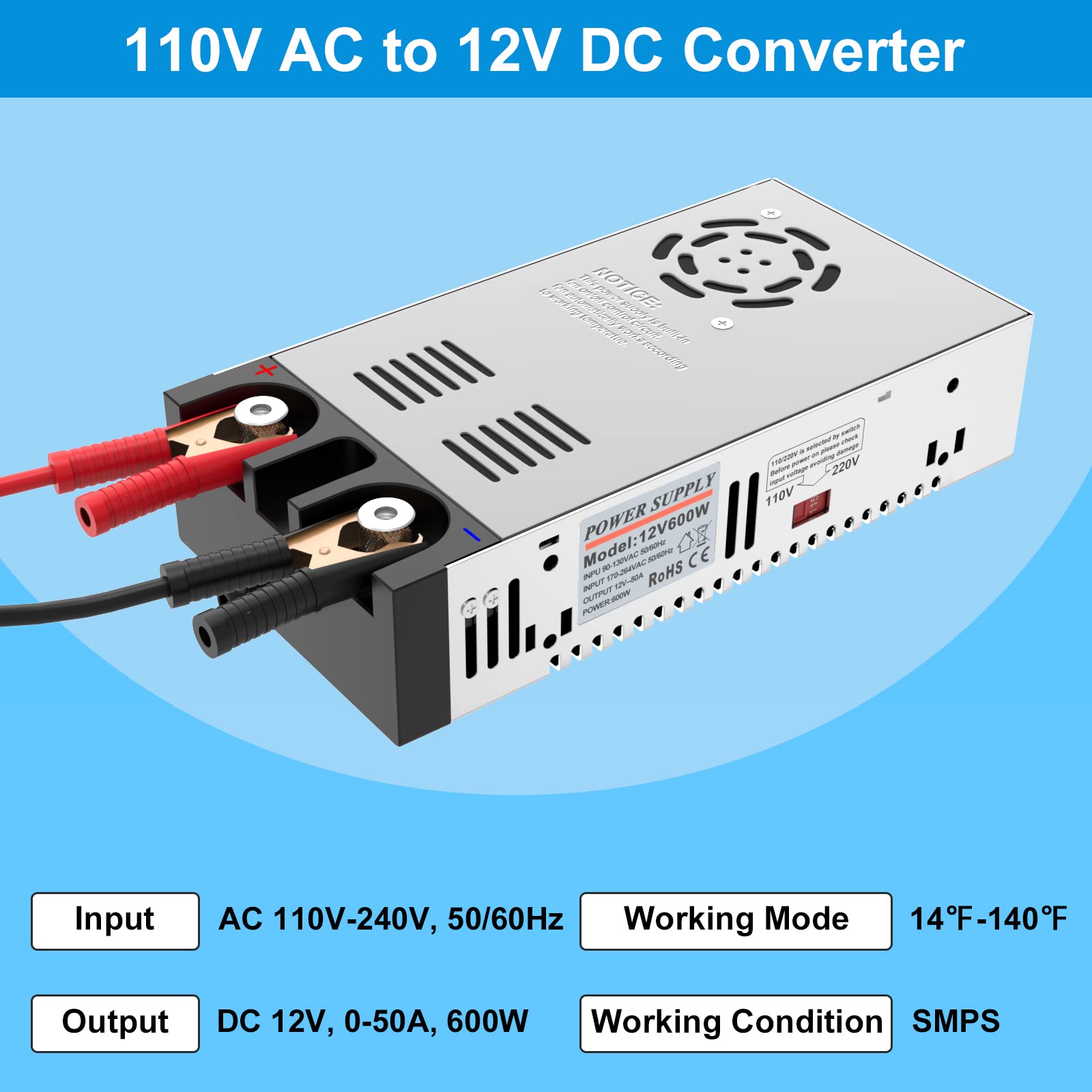 IMAYCC AC to DC Converter - 110V to 12V Power Supply, Universal 120V to 12V Converter Transformer, Max Current 50A 600W