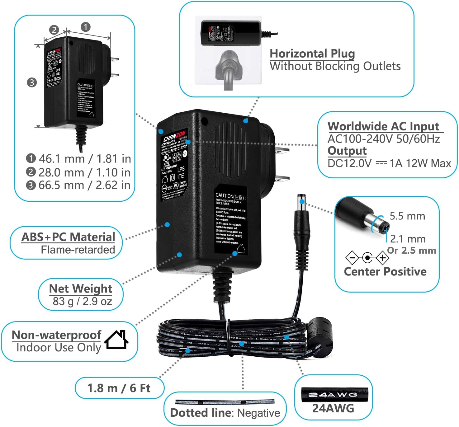 [UL Listed] Chanzon 12V 1A 12W AC DC Switching Power Supply Adapter (Input 100-240V, Output 12 Volt 1 Amp) Wall Wart Transformer Charger for DC12V Security CCTV Camera (6Ft Cord, 12 Watt Max): Home Audio & Theater