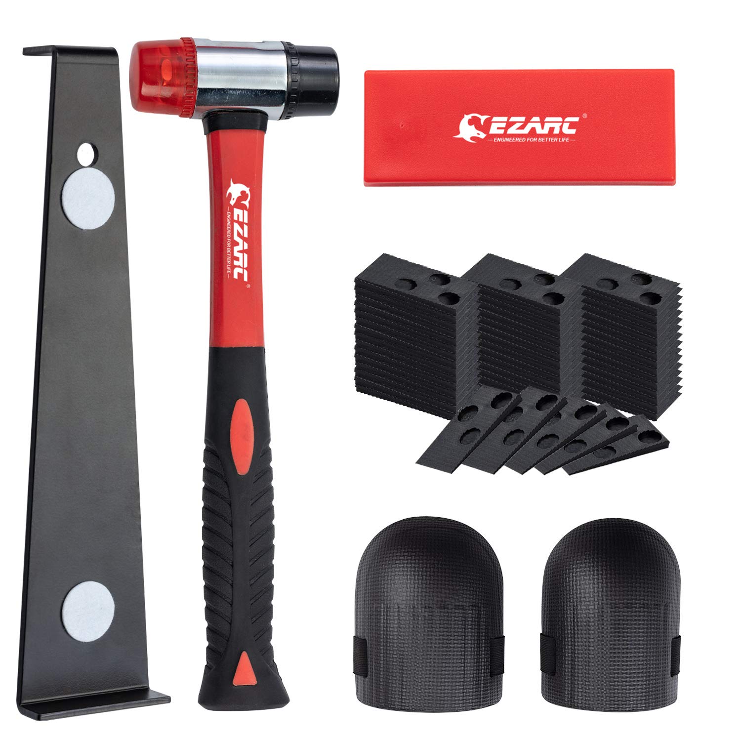 EZARC Kit de instalación de pisos de madera laminada de 64 piezas con mazo reforzado de doble cara, barra de tracción resistente, bloque para golpear, rodilleras de espuma y espaciadores de 60 piezas
