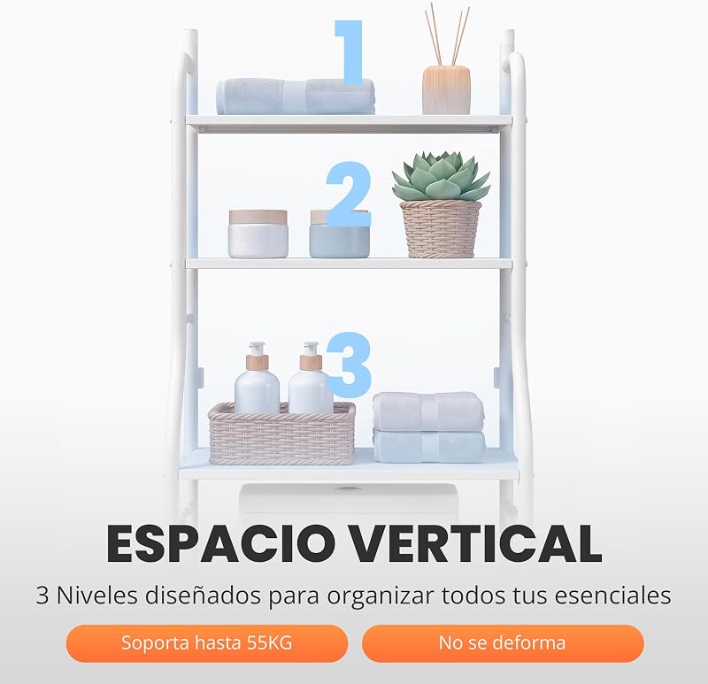 Estanteria Baño sobre Inodoro (47×26×153 cm) – Mueble Baño Auxiliar de 3 Niveles de Metal con Patas Regulables y Soporte Antivuelco, Organizador para Toallas, Lavadora o WC - Blanco — foto 4 de 7