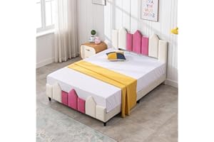 PUREMIND Bed Frame for Kids, Twin Bed Platform with Upholstered Headboard & Footboard, Wood Slat Support, Castles Style Kids Bed Frame, No Spring Box Needed, Easy Assembly, for Girls-Pink Twin